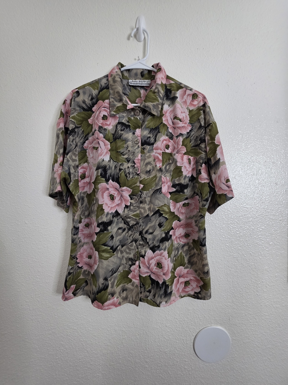 Vintage Joan Walters Womens Floral Short Sleeve Button Down Shirt Top Size L